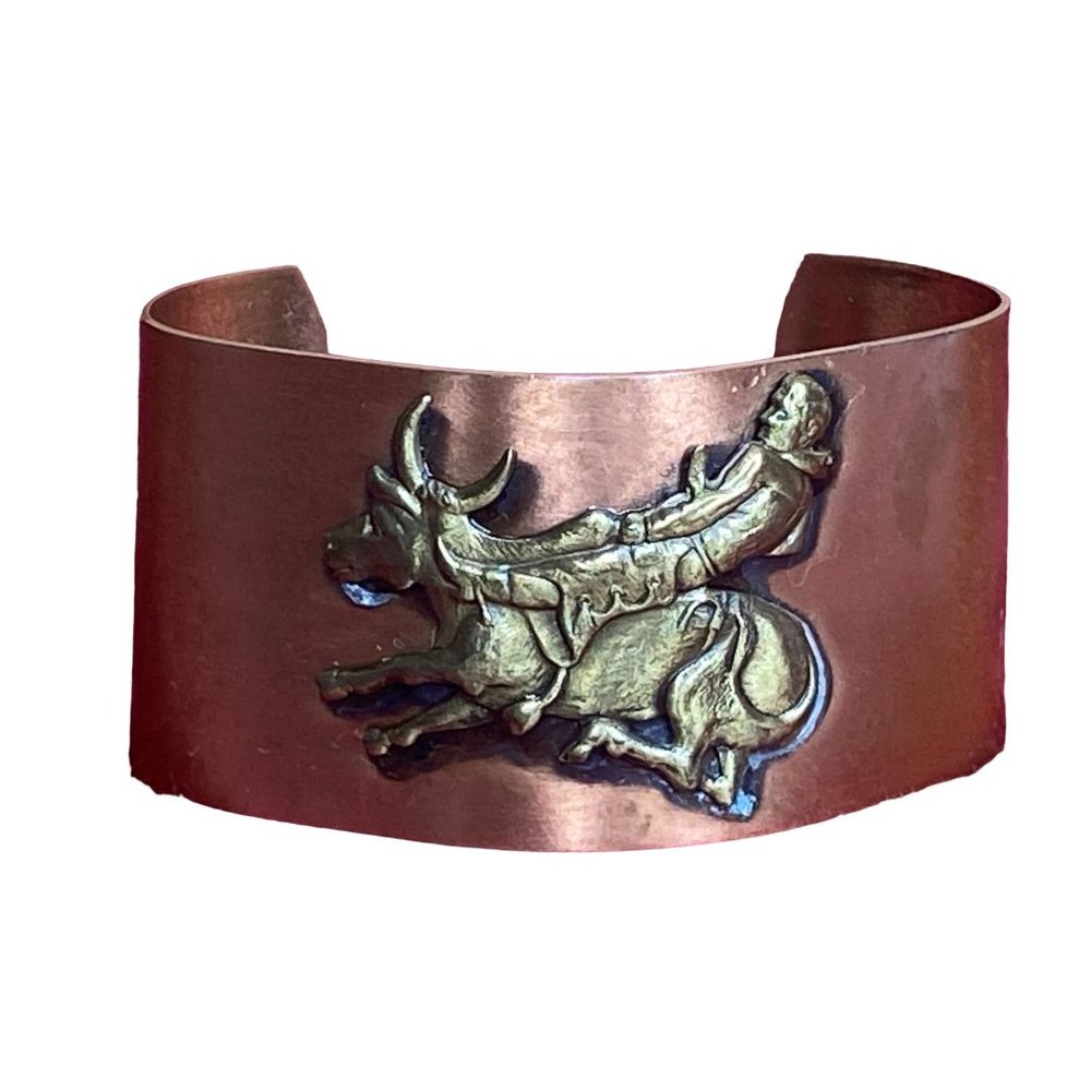 Vintage Southwestern Bucking Bronco Cowboy 3D Copper Cuff Bracelet Horse Western